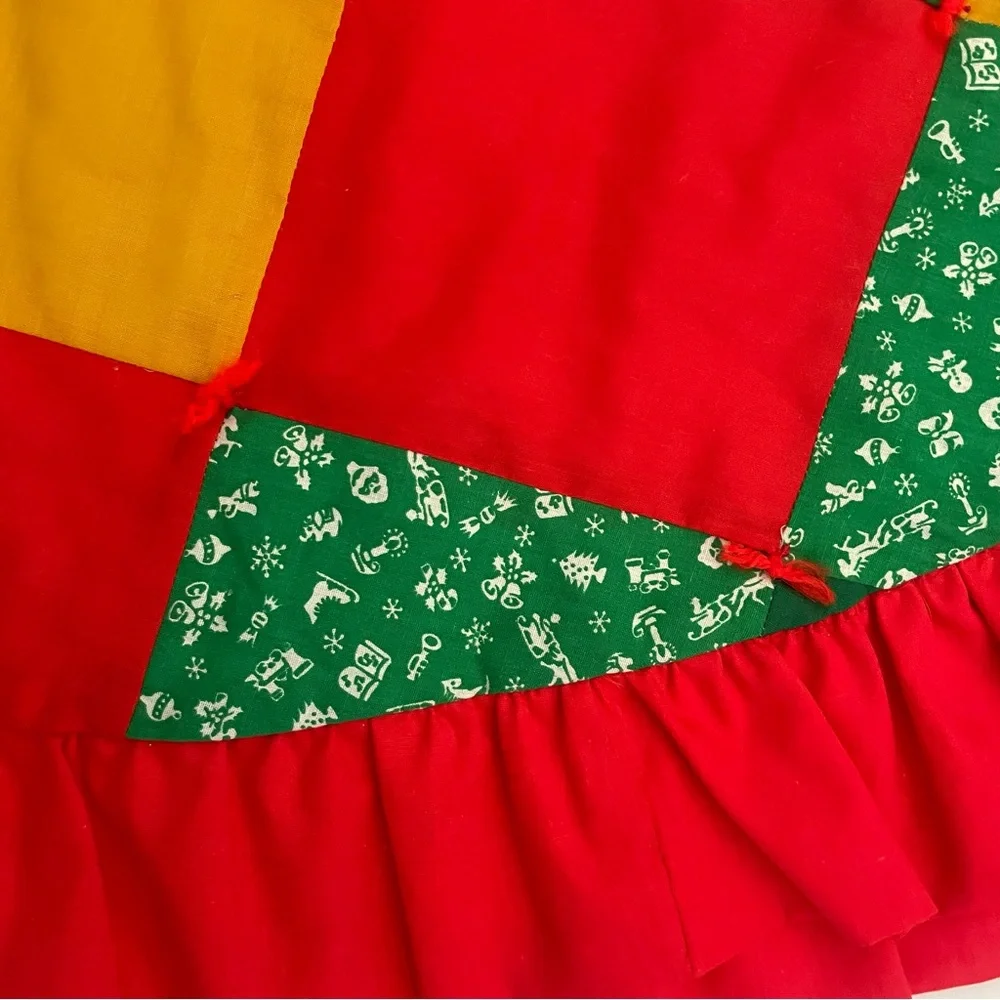 Vintage Handmade Patchwork Multicolor tree skirt with ruffle Red, Green, Gold